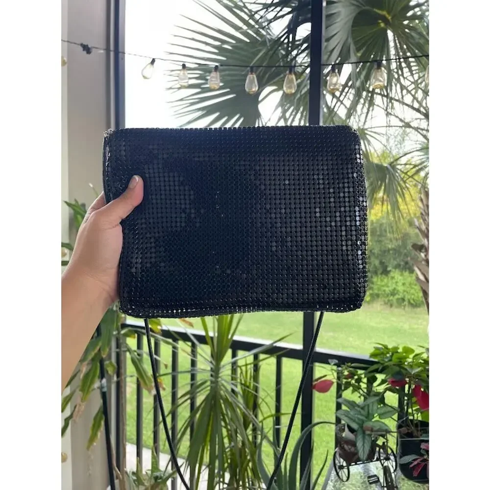 Vtg 1980s Black Metal Mesh Evening Bag Crossbody Envelope Clutch Purse